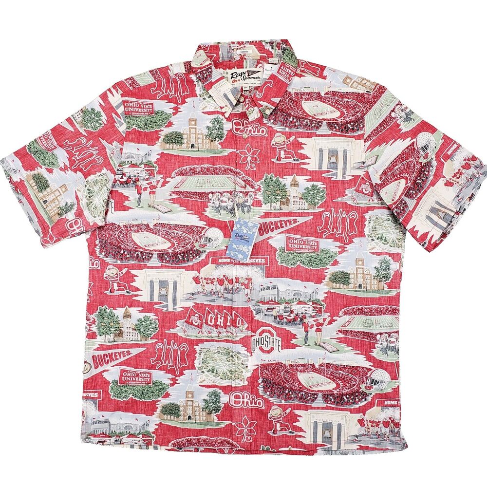 New! Reyn Spooner The Ohio State University Hawaiian Aloha Shirt Mens 2XL Scenic